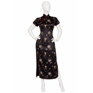 Vintage 90s SOLZ Floral Black Cheongsam Maxi Dress Size 34 / US Small